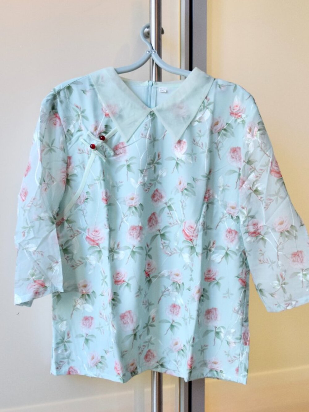 Beige Flora Mesh Qipao Blouse - Chinese Top